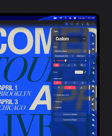Écran de MacBook Pro 16, image d’une affiche  pour une tournée de spectacles comiques, outil de personnalisation de la typographie