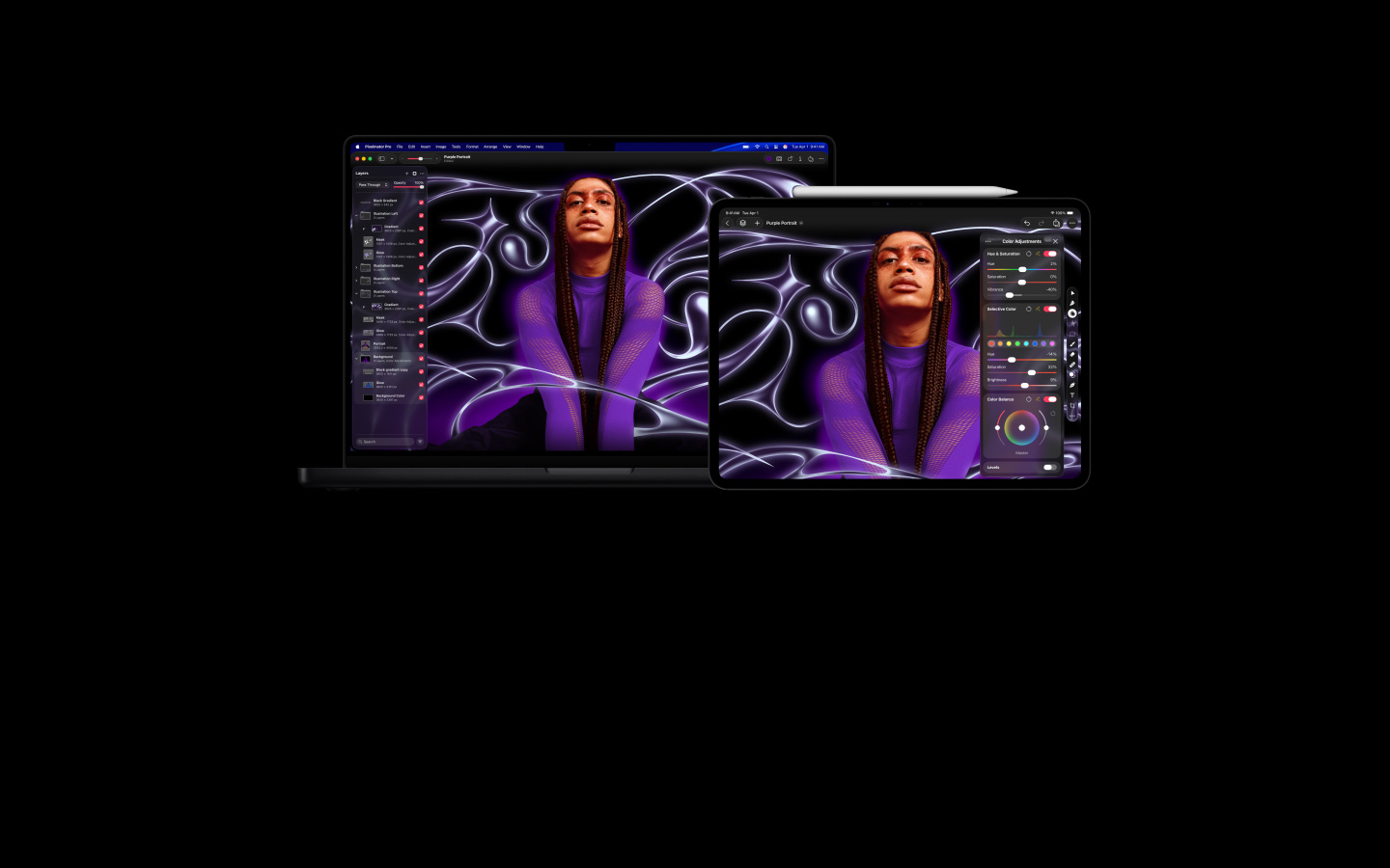 Image d’une personne portant des tresses et un pull violet sur un arrière-plan abstrait stylisé, se déplace vers des appareils MacBook Pro 16 et iPad Pro 13, les écrans montrent l’espace de travail Pixelmator Pro avec le panneau de calques sur le côté, retouche d’image