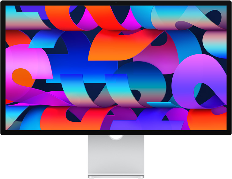 Front of Studio Display with colorful ribbon-like wallpaper