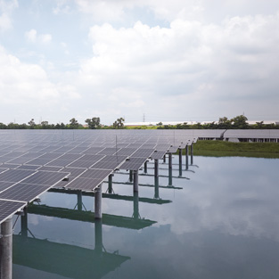Ett system med solpaneler som installerats på stolpar i vattnet under en molnig himmel